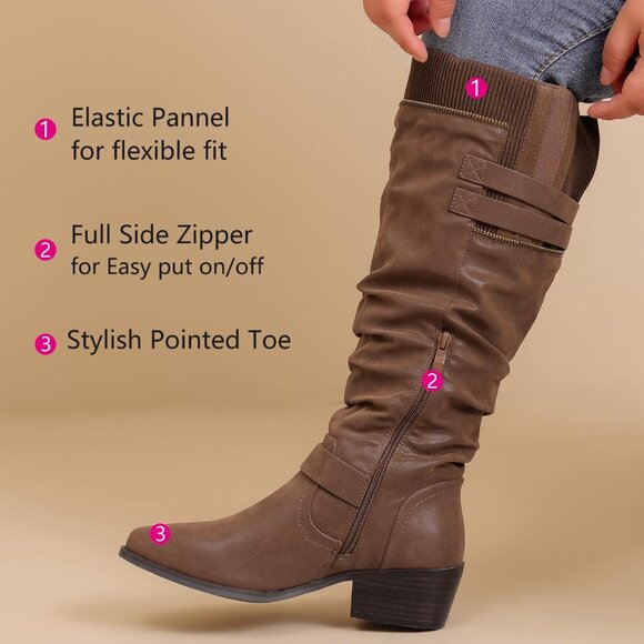 ⚡Women's Brown Extra Wide Calf Knee High Boots Knee High Boots Low Stacked Heel - Picture 4 of 6